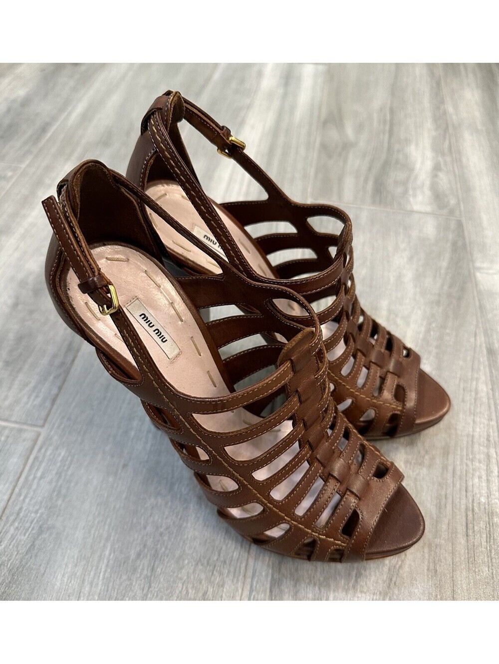 Miu Miu Womens Strappy Leather Platform Cage Sandals Size US 8.5 EU 38.5